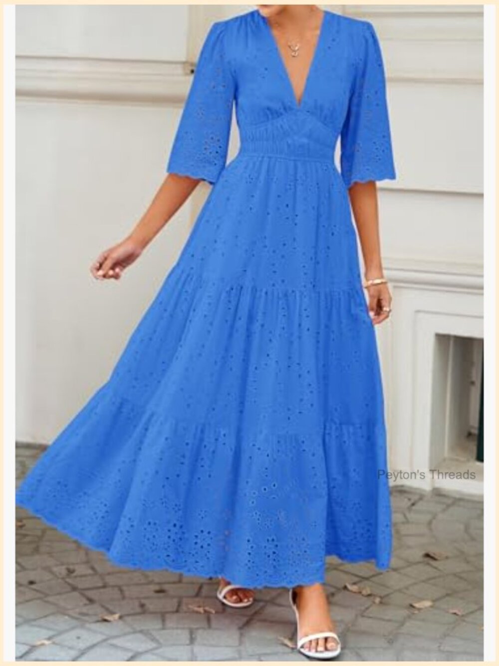 Long Sleeve Maxi Dress V Neck Hollow Out Eyelet Ruffle Swing A-Line Fall Boho - Picture 2 of 7